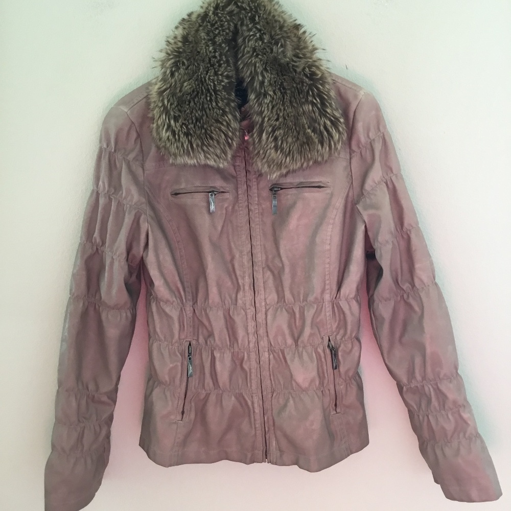 Montanaco Tan Faux Leather Coat with Faux Fur Detachable Collar is NWOT! Medium